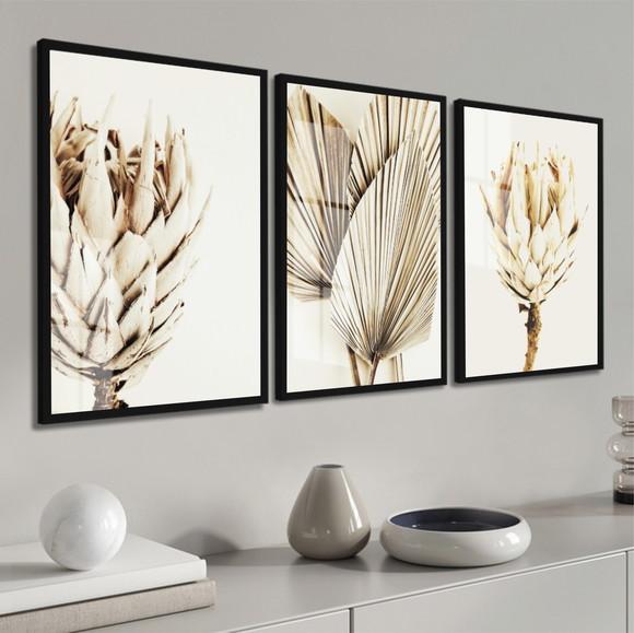 Kit 3 Quadros Decorativos Modernos Flores Bege Moldura Vidro