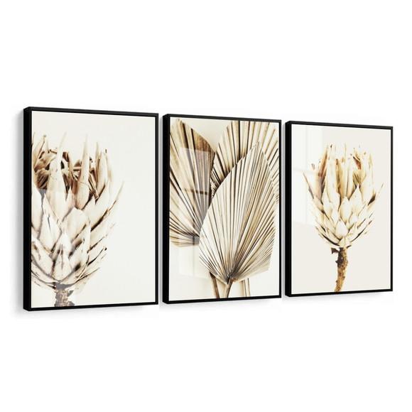 Kit 3 Quadros Decorativos Modernos Flores Bege Moldura Vidro
