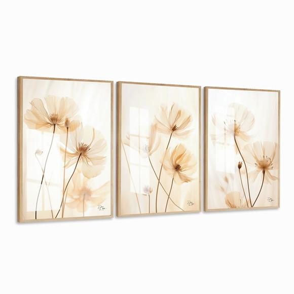Kit 3 Quadros Decorativos Modernos Flor Hall Luxo com Vidro