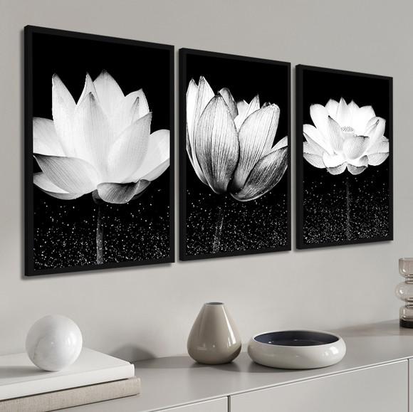 Kit 3 Quadros Decorativos Modernos Flores Brancas Moldura