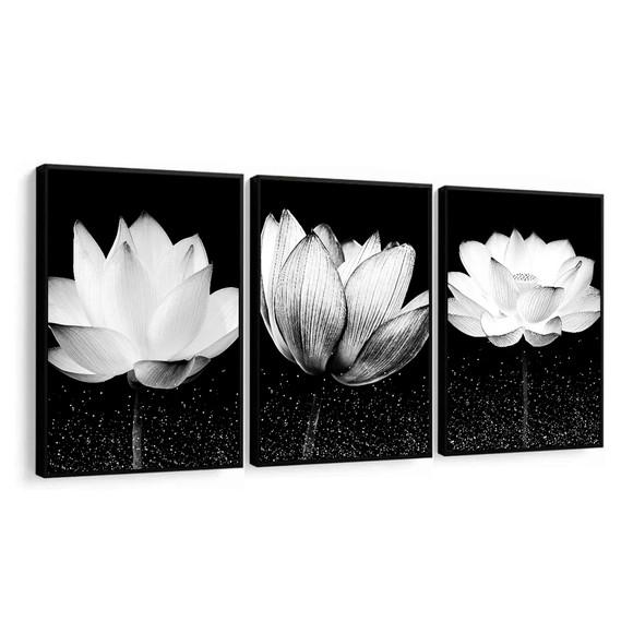 Kit 3 Quadros Decorativos Modernos Flores Brancas Moldura