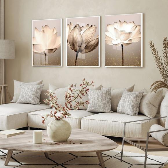 Kit 3 Quadros Decorativos Modernos Flores com Moldura Vidro