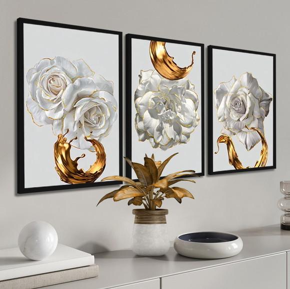 Kit 3 Quadros Decorativos Modernos Flores Gold Com Moldura