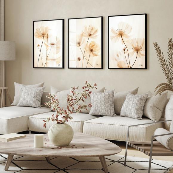 Kit 3 Quadros Decorativos Modernos Flores Luxo com Vidro