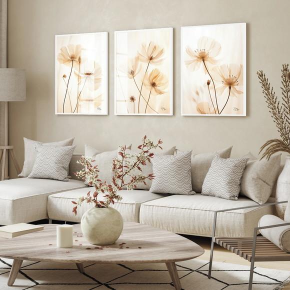 Kit 3 Quadros Decorativos Modernos Flores Hall Luxo Vidro