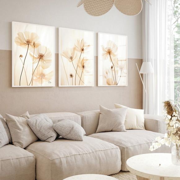 Kit 3 Quadros Decorativos Modernos Flores Hall Luxo Vidro