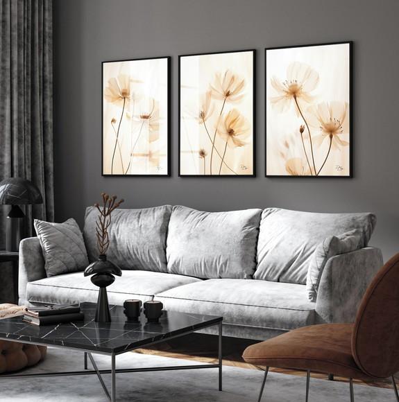 Kit 3 Quadros Decorativos Modernos Flores Luxo com Vidro