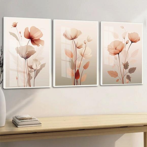 Kit 3 Quadros Decorativos Modernos Flores Rosa com Moldura