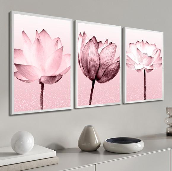 Kit 3 Quadros Decorativos Modernos Flores Rosa Com Moldura