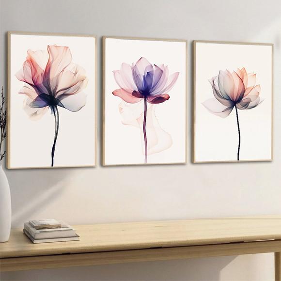 Kit 3 Quadros Decorativos Modernos Flores Rosa com Moldura