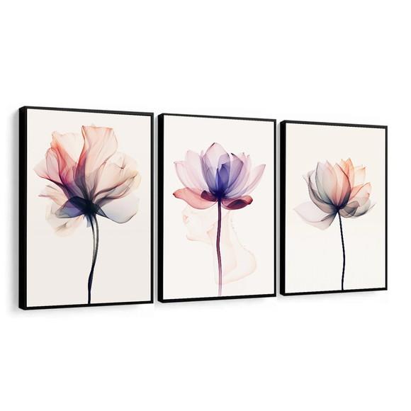 Kit 3 Quadros Decorativos Modernos Flores Rosa Quarto Sala