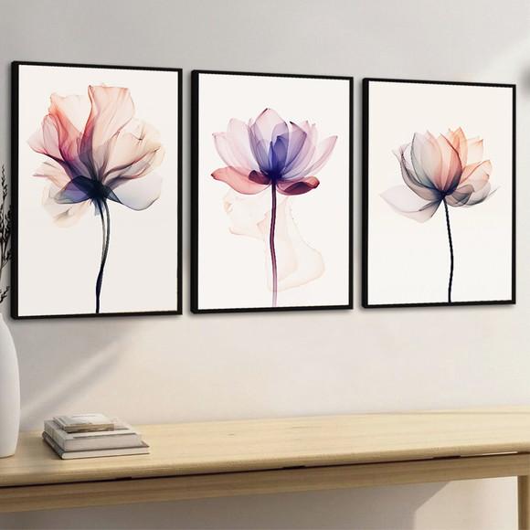 Kit 3 Quadros Decorativos Modernos Flores Rosa Quarto Sala