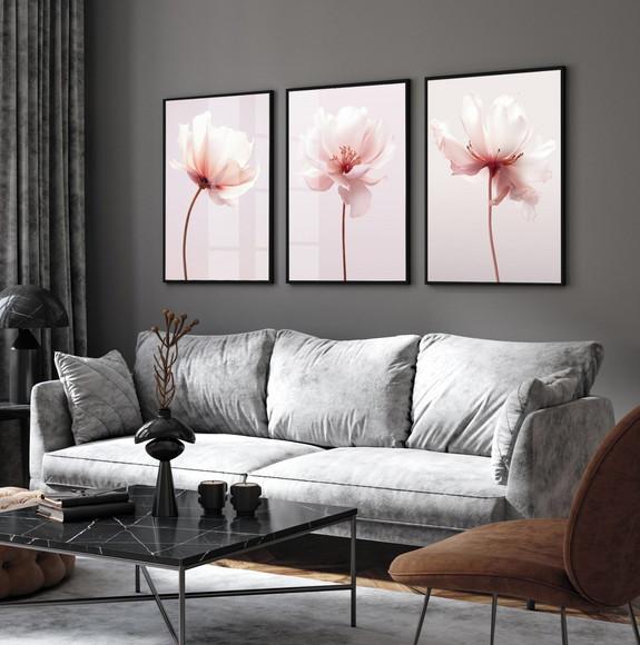 Kit 3 Quadros Decorativos Modernos Flores Rosas com Vidro