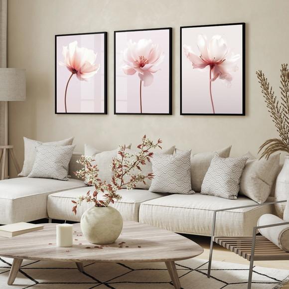 Kit 3 Quadros Decorativos Modernos Flores Rosas com Vidro