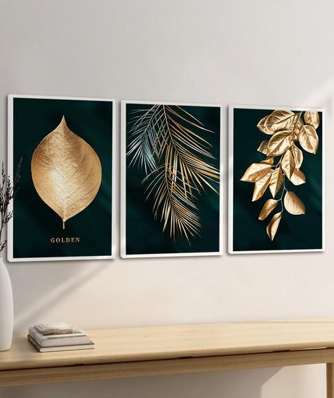 Kit 3 Quadros Decorativos Modernos Folhagem Dourada Moldura