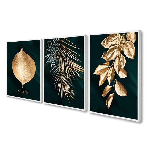 Kit 3 Quadros Decorativos Modernos Folhagem Dourada Moldura