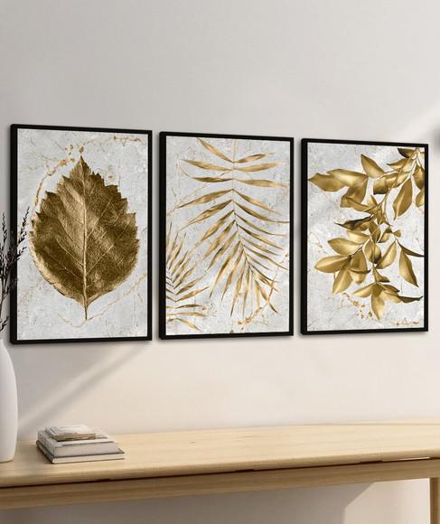 Kit 3 Quadros Decorativos Modernos Folhagem Dourada Moldura