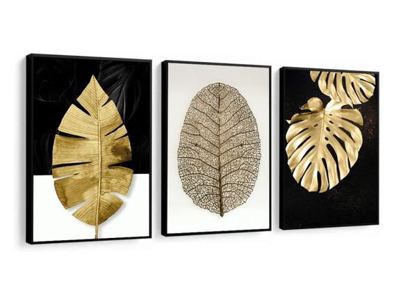 Kit 3 Quadros Decorativos Modernos Folhagem Dourada Moldura