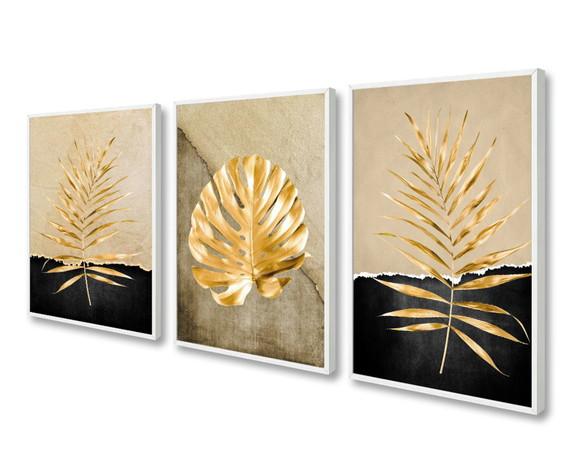 Kit 3 Quadros Decorativos Modernos Folhagem Dourada Moldura