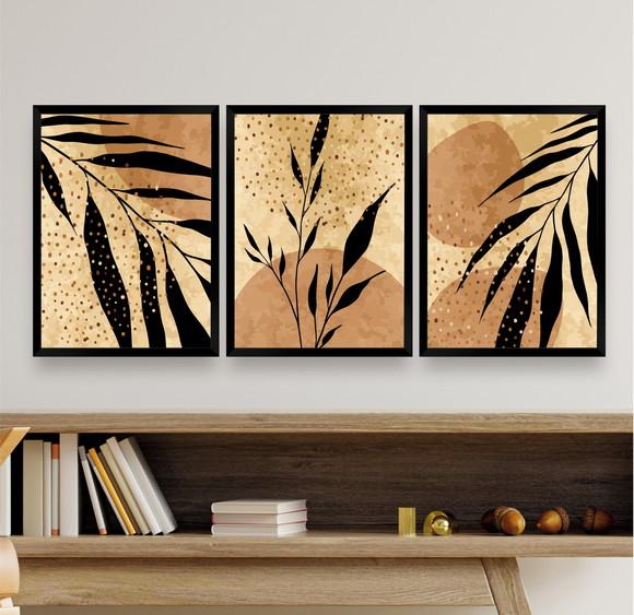Kit 3 Quadros Decorativos Modernos Folhagem Marrom Moldura