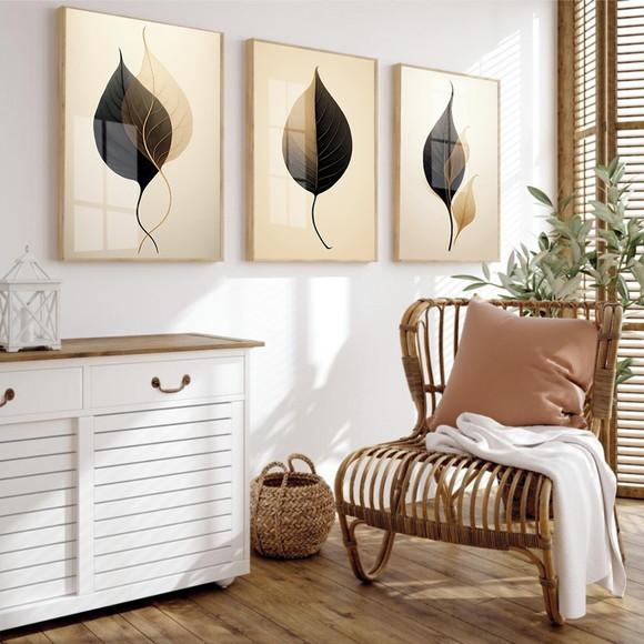 Kit 3 Quadros Decorativos Modernos Folhagem Moldura e Vidro