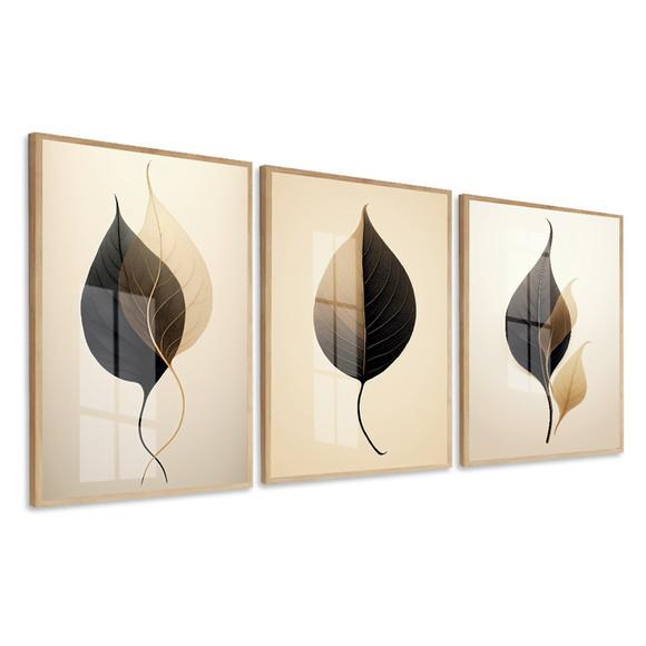 Kit 3 Quadros Decorativos Modernos Folhagem Moldura e Vidro