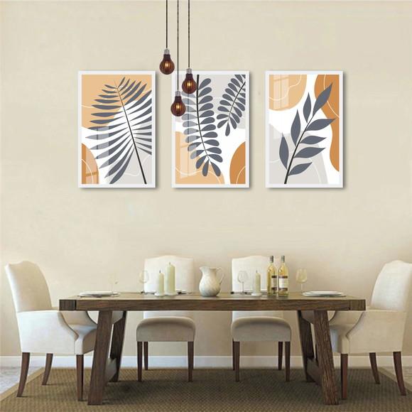 Kit 3 Quadros Decorativos Modernos Folhagem Moldura e Vidro