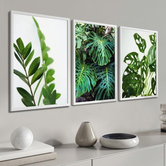 Kit 3 Quadros Decorativos Modernos Folhagem Verde Moldura