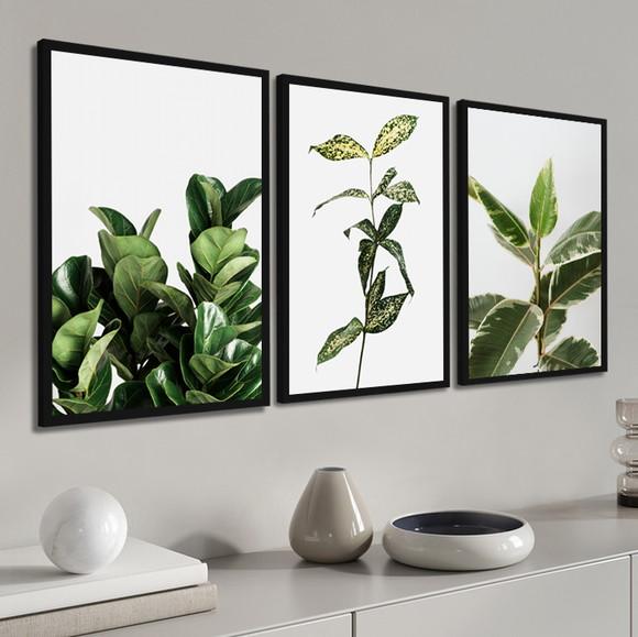 Kit 3 Quadros Decorativos Modernos Folhagem Verde Moldura