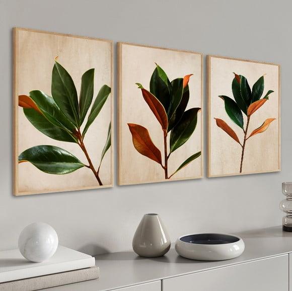 Kit 3 Quadros Decorativos Modernos Folhas Para Sala Moldura