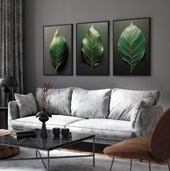 Kit 3 Quadros Decorativos Modernos Folhas Verdes com Moldura
