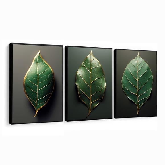 Kit 3 Quadros Decorativos Modernos Folhas Verdes com Moldura