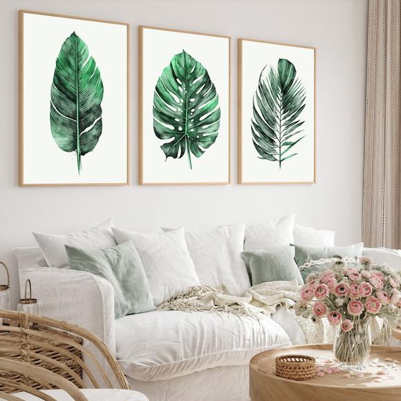Kit 3 Quadros Decorativos Modernos Folhas Verdes com Moldura