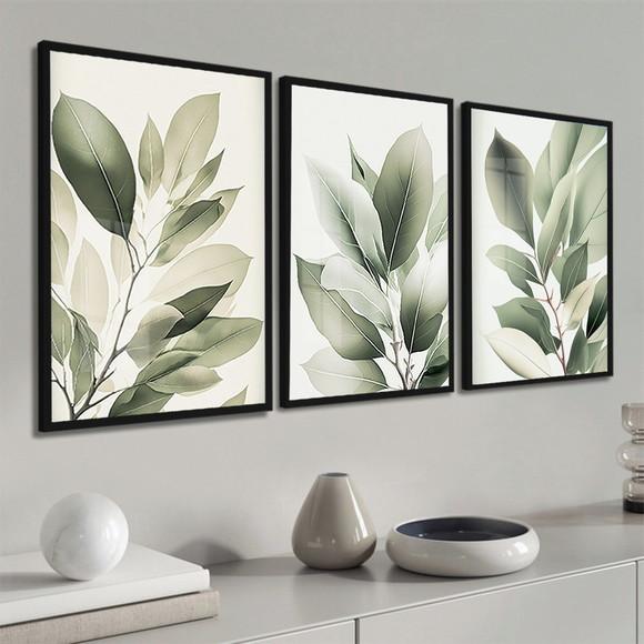 Kit 3 Quadros Decorativos Modernos Folhas Verdes com Vidro