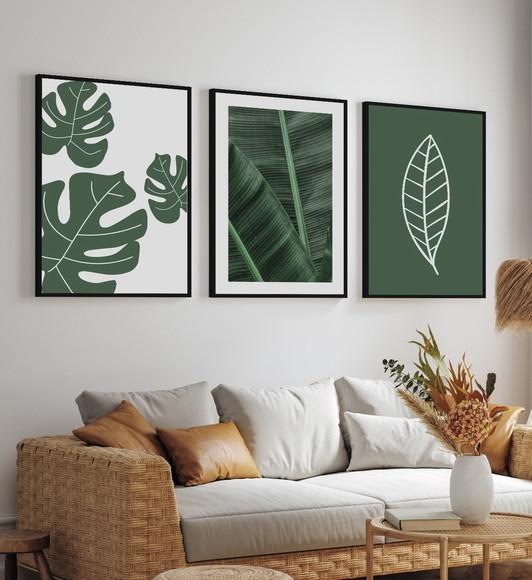 Kit 3 Quadros Decorativos Modernos Folhas Verdes com Moldura