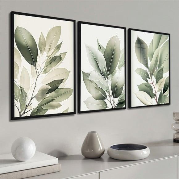 Kit 3 Quadros Decorativos Modernos Folhas Verdes com Vidro
