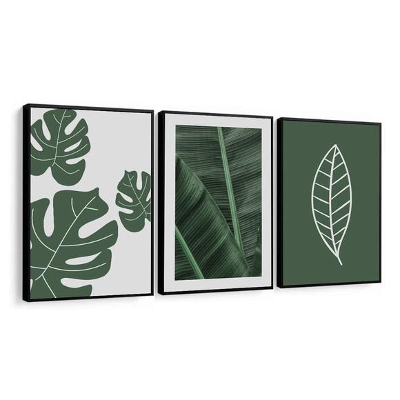 Kit 3 Quadros Decorativos Modernos Folhas Verdes com Moldura