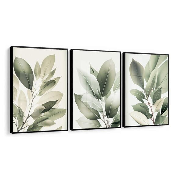 Kit 3 Quadros Decorativos Modernos Folhas Verdes com Vidro