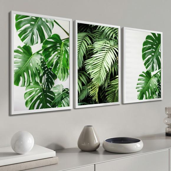 Kit 3 Quadros Decorativos Modernos Folhas Verdes Moldura