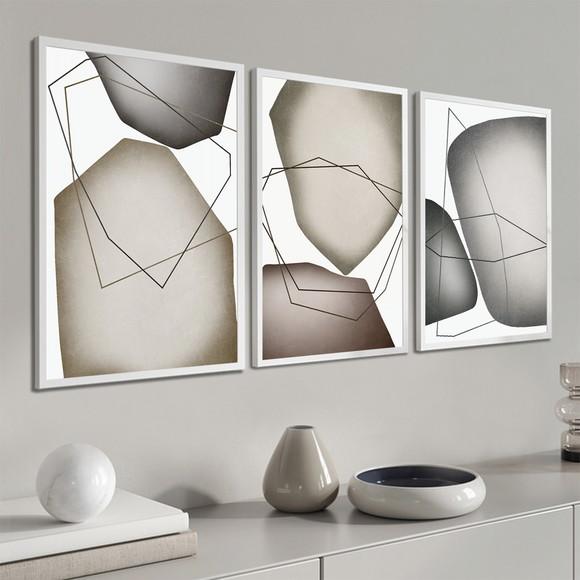 Kit 3 Quadros Decorativos Modernos Geométrico Cinza Moldura