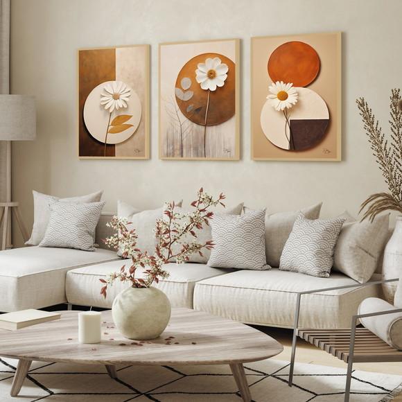 Kit 3 Quadros Decorativos Modernos Geométrico Flores Moldura