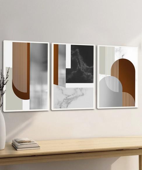 Kit 3 Quadros Decorativos Modernos Geométrico Marrom Moldura