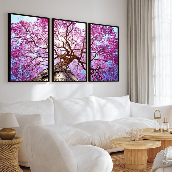 Kit 3 Quadros Decorativos Modernos Ipê Rosa Arvore Moldura