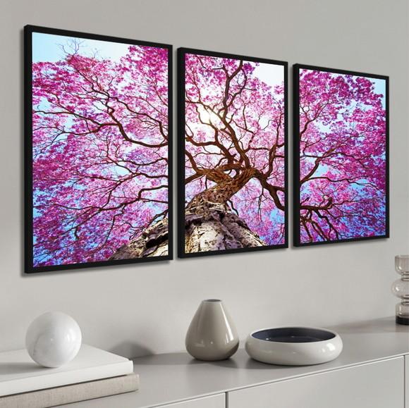 Kit 3 Quadros Decorativos Modernos Ipê Rosa Arvore Moldura