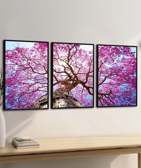 Kit 3 Quadros Decorativos Modernos Ipê Rosa Arvore Moldura