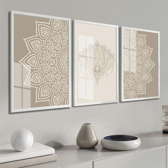 Kit 3 Quadros Decorativos Modernos Mandala Com Moldura Vidro