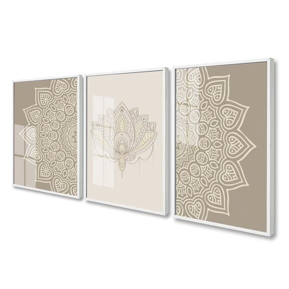 Kit 3 Quadros Decorativos Modernos Mandala Com Moldura Vidro