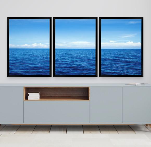 Kit 3 Quadros Decorativos Modernos Mar Azul Para Sala Quarto