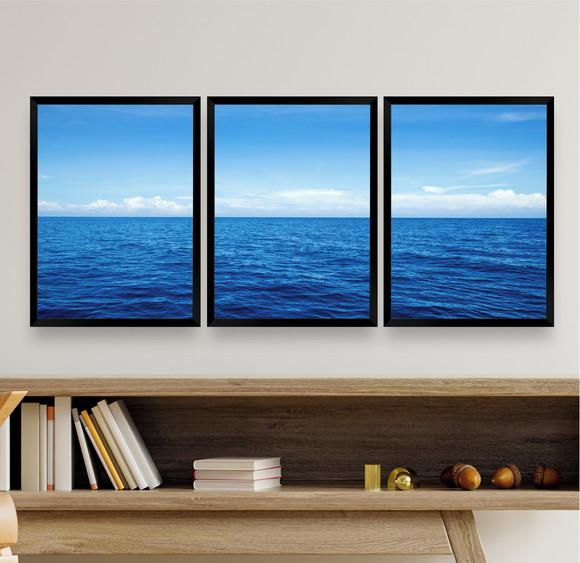 Kit 3 Quadros Decorativos Modernos Mar Azul Para Sala Quarto