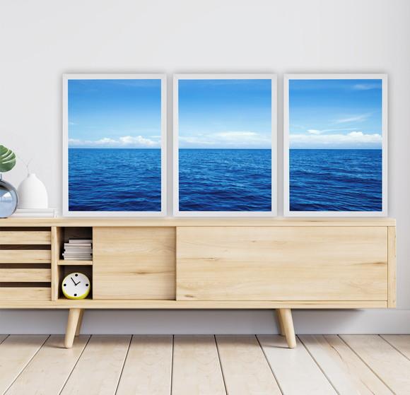 Kit 3 Quadros Decorativos Modernos Mar Azul Para Sala Quarto